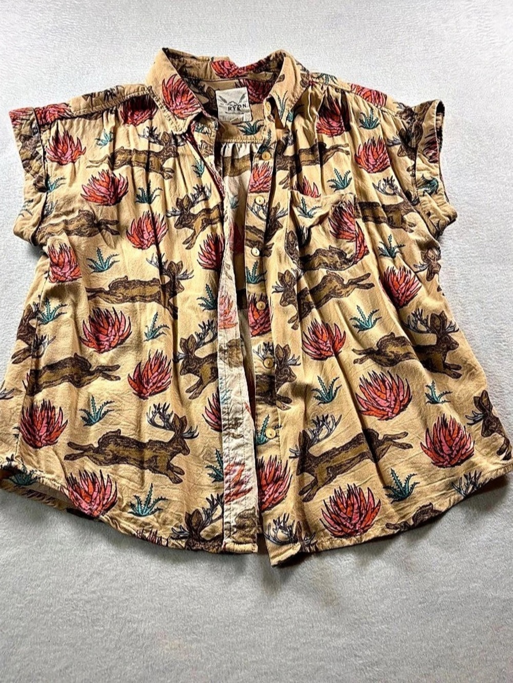 Cotton RYE Outfitters Button Front Animal Print Top in Brown & Coral